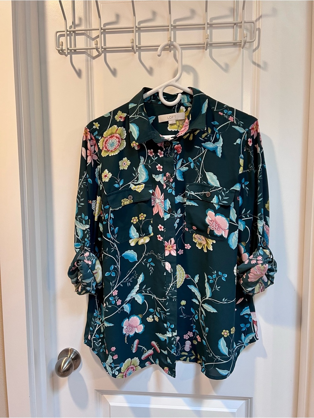 LOFT Dark Teal Floral Button-Down Shirt - Picture 3 of 8